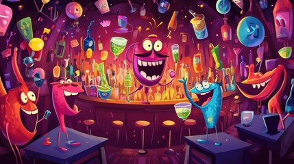 Obraz premium Colorful Monsters Celebrate Joyfully At A Lively Bar