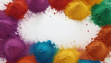 Fototapeta premium Rainbow of Holi Colors: A vibrant display of colorful Holi powders arranged in a circular frame, leaving a blank space for your message. Perfect for festive occasions, celebrations.