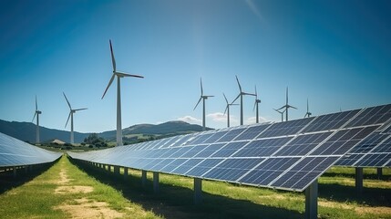 A sunny renewable energy park showing solar, wind, hydro renewable energie