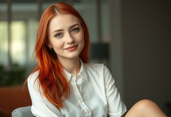 Fototapeta premium Female portrait with red hair and subtle smile