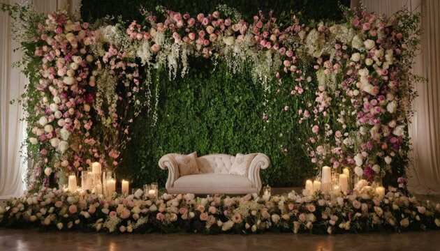 Romantic Wedding Stage Setting: A breathtaking wedding ceremony backdrop featuring a plush chaise lounge adorned with lush floral arrangements in soft pinks and whites, set against a verdant wall.