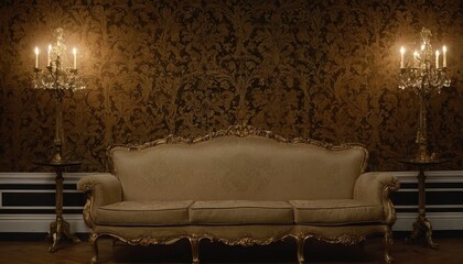 Gilded Elegance: A grand, intricately carved sofa with gold accents stands majestically in an opulent room, illuminated by the soft glow of antique chandeliers.