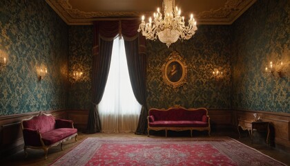 Fototapeta premium Gilded Elegance: A grand living room evokes timeless luxury with intricate floral wallpaper, rich crimson velvet furniture, and a dazzling chandelier.