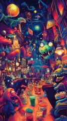 Fototapeta premium Monsters Enjoying Drinks at a Vibrant Nighttime Bar