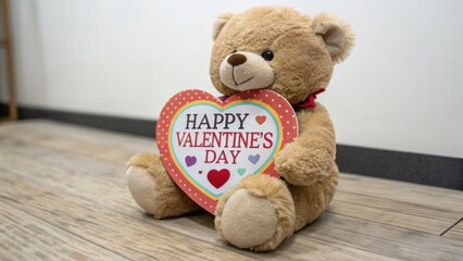 Obraz premium A fluffy teddy bear holding a vibrant heart-shaped Happy Valentine’s Day sign sitting on a wooden floor against a white wall perfect for romantic and thoughtful gifts 
