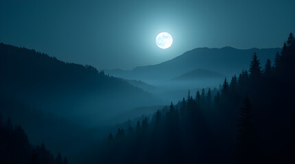 Full Moon Over Misty Mountain Range at Night Dark Blue Dramatic Landscape Photography Nature Scenery