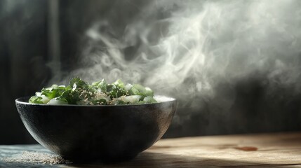 A bibimbap bowl close-up, food design, dynamic, dramatic compositions, with copy space