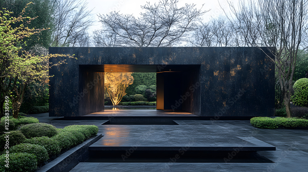 Aufkleber a modern architectural structure framed by lush greenery, illuminated softly, blending seamlessly in