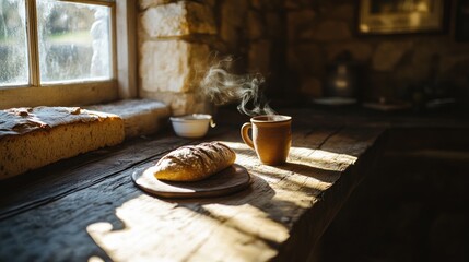 Rustic kitchen, morning sun, steaming mug, bread, calm