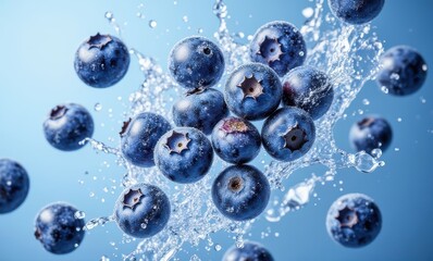 Fresh blueberries splashing in water