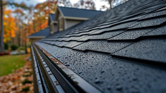 Close-up of a rain-soaked roof with autumn foliage in the background