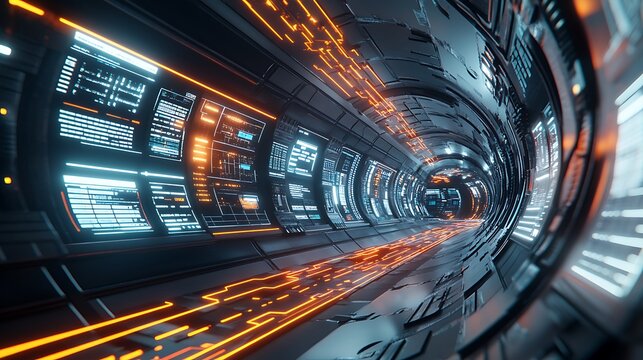 A 3D futuristic circuit background featuring motion graphics for an abstract data center, with glowing lines representing high-speed internet connections. The scene depicts a HUD tunnell