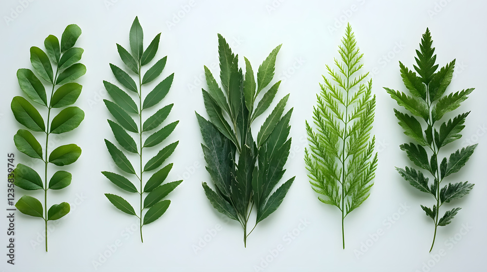Aufkleber a collection of five green leaves displayed in a row, showcasing various shapes and textures against