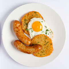 A tempting breakfast plate showcases crispy golden potato fritters topped with a perfectly cooked sunny-side-up egg and delicious sausage links, inviting morning delight. 