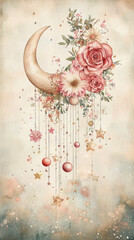 beautiful crescent moon adorned with pink roses and delicate flowers, featuring hanging stars and ornaments, creating dreamy and whimsical atmosphere