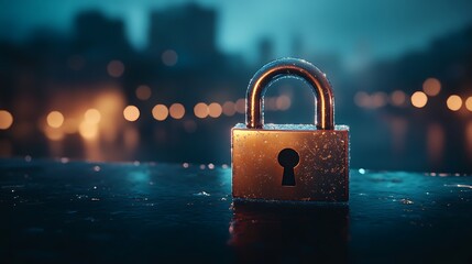 translucent padlock stands illuminated by blurred soft light background