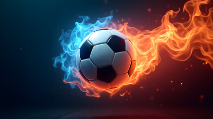 Naklejka premium Fiery Football: Blazing Soccer Ball in Blue and Red Flames, 3D Render, Abstract Sports Image