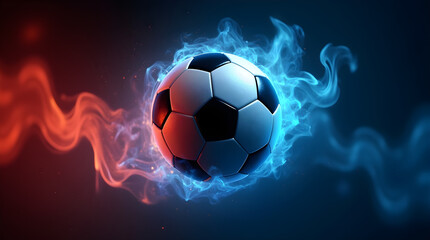 Obraz premium Fiery Football: Blazing Soccer Ball in Red and Blue Flames, Dynamic Sports Graphic, Abstract Art