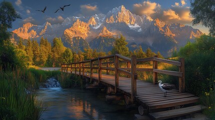 Fototapeta premium Mountain sunrise, wooden bridge, birds. Travel poster