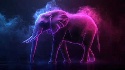 A mesmerizing scene features a neon elephant surrounded by colorful smoke. The artistic arrangement creates an enchanting atmosphere, showcasing creativity and imagination