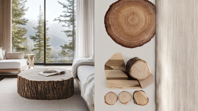 Rustic Chic Living Room with Tree Trunk Coffee Table and Natural Textures