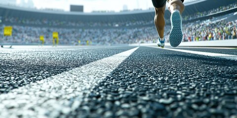 Athlete sprints on track, stadium crowd blurred, sunny day, sports.