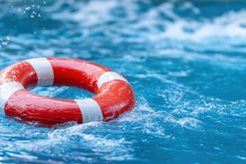 A bright red life buoy floats in shimmering blue water, surrounded by splashes, symbolizing safety and rescue in aquatic environments.