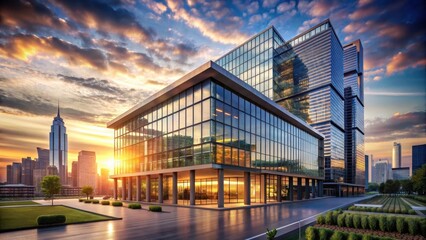 Obraz premium Modern office building with city skyline at sunset, modern, metropolitan, modern, metropolitan, office space