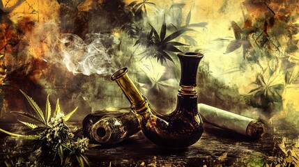 Cannabis Paraphernalia on Psychedelic Floral Background