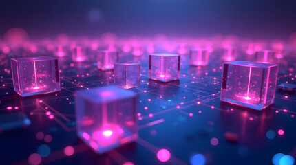 Abstract Futuristic Network: Glowing Pink Cubes Connected by Digital Lines, Neon Sci-Fi Technology Background