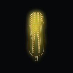 Yellow neon icon of corncob glowing on black background