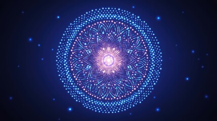 Intricate glowing digital mandala with radiant blue and purple light effects, symbolizing spirituality, technology, and cosmic energy in a futuristic design.