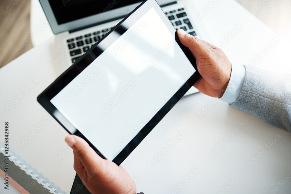 Aufkleber business person, hands and research with tablet screen for ui, ux or app at office desk. closeup, em