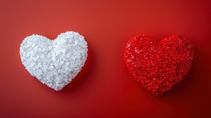 Obraz premium Sweet heart-shaped decoration beside white and red colors, copy space