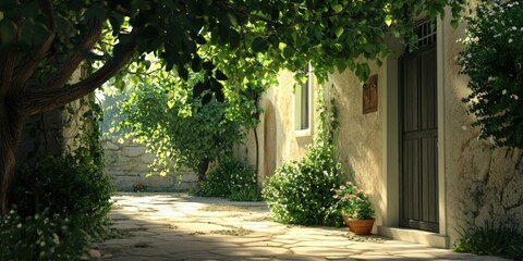 Fototapeta premium Sunlit Mediterranean alley, stone houses, lush foliage, peaceful background, ideal for travel brochures.