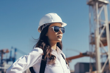 engineer woman in white helmet on construction site