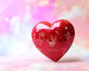 Fototapeta premium Sweet red heart on pink and white pastel background, space