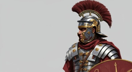 Fototapeta premium Roman soldier in armor stands vigilant, showcasing historical attire and weaponry