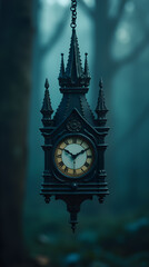 Gothic Clock Hanging in Misty Forest, Dark Antique Timepiece, Eerie Vintage Style, Mysterious Atmosphere, Spooky Clock Photography