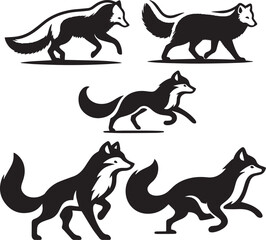 high-speed fox vector, energetic Arctic fox,Arctic fox silhouette, running fox vector, fox pose set, black and white fox, fox illustration,