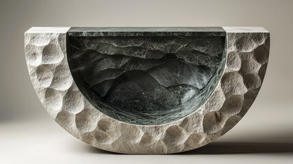 Elegant stone sculpture featuring a textured exterior and smooth, dark interior, showcasing artistry and craftsmanship for modern decor enthusiasts.