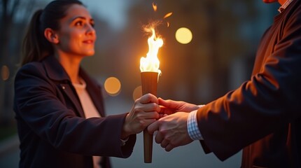 Igniting business vision strategic torch passing ceremony in urban environment inspiring innovative ideas
