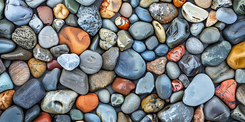 A close-up of colorful, smooth river stones of various sizes and shapes.


