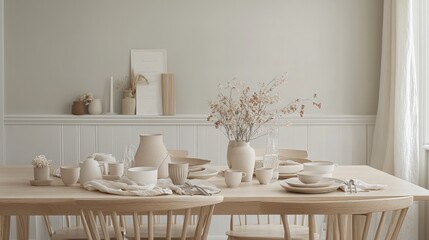 Minimalist dining room table setting, neutral tones, sunlight, interior design