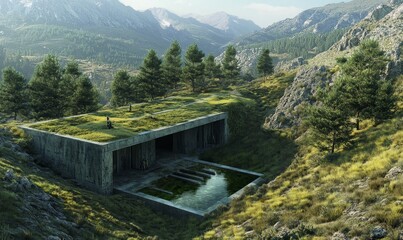 Mountaintop sanctuary, minimalist architecture, serene landscape