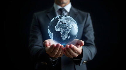 Global Businessman Holding Holographic Earth Globe Futuristic Technology Concept Image Stock Photo