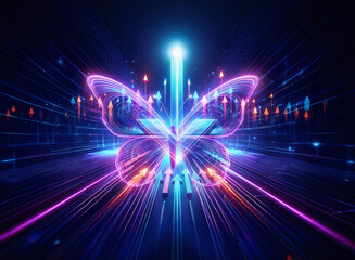 A vibrant double exposure image depicts a neon butterfly superimposed over upward trending arrows and glowing light trails, suggesting growth and transformation.