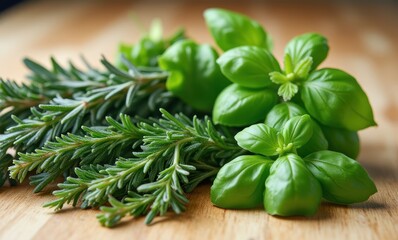Fresh aromatic herbs on wooden surface