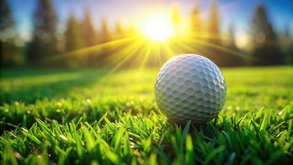 Obraz premium Close-up image of a golf ball on a lush green grass field with subtle texture and shadows, capturing the tactile details of the ball's surface , sports equipment, close-up