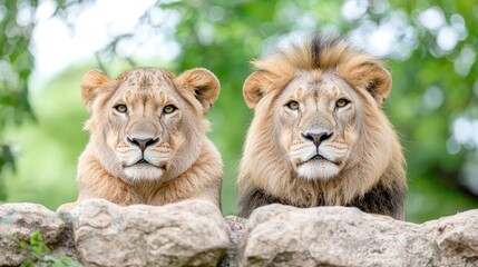 Two majestic lions resting on rocks, lush green background, wildlife photography